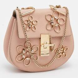 Pre Owned Chloe Pink Leather Floral Metal Embellished Mini Drew Crossbody Bag