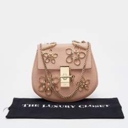 Pre Owned Chloe Pink Leather Floral Metal Embellished Mini Drew Crossbody Bag