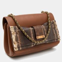 Pre Owned Chloe Brown Leather and Karung Leather June Bow Chain Shoulder Bag