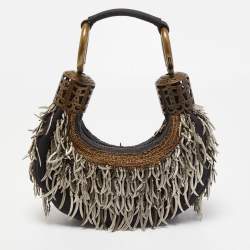 Chloe Black Canvas Embellished Crescent Hobo