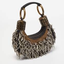Chloe Black Canvas Embellished Crescent Hobo