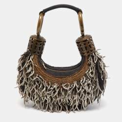 Chloe Black Canvas Embellished Crescent Hobo