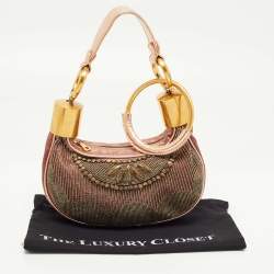 Pre Owned Chloe Old Rose/Metallic Fabric and Leather Embellished Crescent Hobo