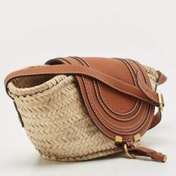 Pre Owned Chloe Brown/Beige Braided Raffia and Leather Small Marcie Basket Bag