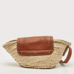 Pre Owned Chloe Brown/Beige Braided Raffia and Leather Small Marcie Basket Bag