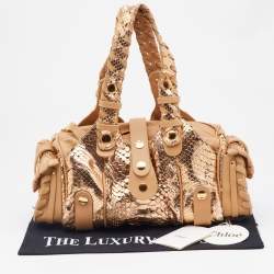 Pre Owned Chloe Gold/Beige Python and Leather Silverado Satchel