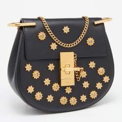 Chloe Black Leather Small Crystals Embellished Drew Shoulder Bag