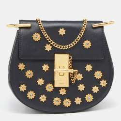 Chloe Black Leather Small Crystals Embellished Drew Shoulder Bag