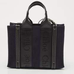 Chloe Navy Blue/Black Canvas and Leather Small Woody Tote