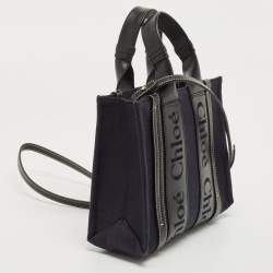 Chloe Navy Blue/Black Canvas and Leather Small Woody Tote