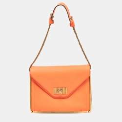 Pre Owned Chloe Neon Orange Pebbled Leather Medium Sally Flap Shoulder Bag