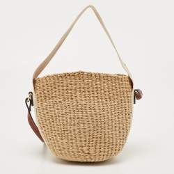 Chloe Beige/Tan Raffia and Leather Small Woody Bucket Bag