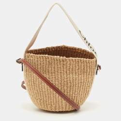 Chloe Beige/Tan Raffia and Leather Small Woody Bucket Bag