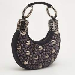 Chloe Black/Purple Satin Stone Beads Embellished Crescent Hobo