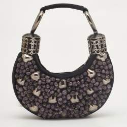 Chloe Black/Purple Satin Stone Beads Embellished Crescent Hobo