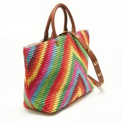 Pre Owned Valentino Multicolor Raffia and Leather Rockstud Summer Tote