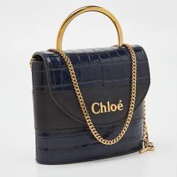 Pre Owned Chloe Navy Blue/Black Croc Embossed and Leather Small Aby Lock Bag
