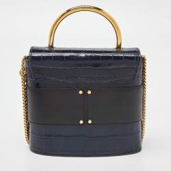 Pre Owned Chloe Navy Blue/Black Croc Embossed and Leather Small Aby Lock Bag