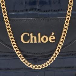 Pre Owned Chloe Navy Blue/Black Croc Embossed and Leather Small Aby Lock Bag