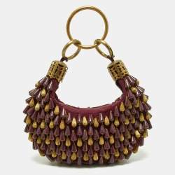Pre Owned Chloé  Burgundy Beaded Canvas Ring Handle Hobo