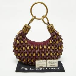 Pre Owned Chloé  Burgundy Beaded Canvas Ring Handle Hobo