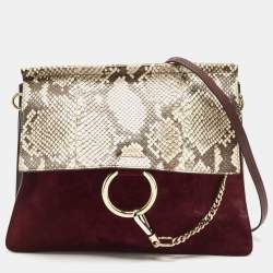 Pre Owned Chloe Burgundy/Beige Python and Suede Medium Faye Shoulder Bag