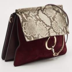 Pre Owned Chloe Burgundy/Beige Python and Suede Medium Faye Shoulder Bag