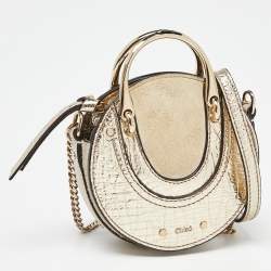 Pre Owned Chloe Gold/Beige Leather and Suede Mini Pixie Round Shoulder Bag