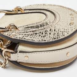 Pre Owned Chloe Gold/Beige Leather and Suede Mini Pixie Round Shoulder Bag