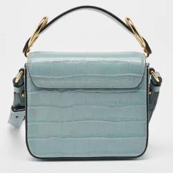 Pre Owned Chloe Light Blue Croc Embossed Leather Mini C Top Handle Bag