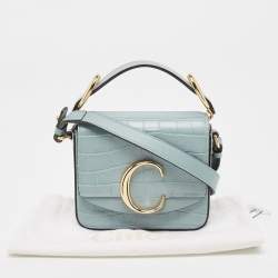 Pre Owned Chloe Light Blue Croc Embossed Leather Mini C Top Handle Bag