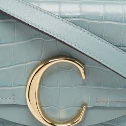 Pre Owned Chloe Light Blue Croc Embossed Leather Mini C Top Handle Bag