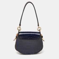 Pre Owned Chloe Blue/Tan Crocodile Embossed Leather, Suede and Leather Small Tess Crossbody Bag