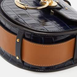 Pre Owned Chloe Blue/Tan Crocodile Embossed Leather, Suede and Leather Small Tess Crossbody Bag