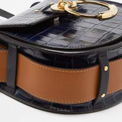 Pre Owned Chloe Blue/Tan Crocodile Embossed Leather, Suede and Leather Small Tess Crossbody Bag