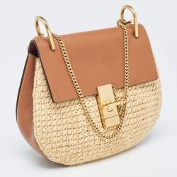 Pre Owned Chloe Beige/Tan Raffia and Leather Medium Drew Shoulder Bag