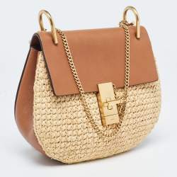Pre Owned Chloe Beige/Tan Raffia and Leather Medium Drew Shoulder Bag