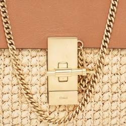 Pre Owned Chloe Beige/Tan Raffia and Leather Medium Drew Shoulder Bag
