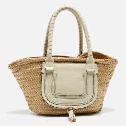 Chloe Beige/Cream Straw and Leather Medium Marcie Basket Bag