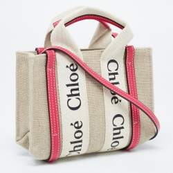 Pre Owned Chloe Pink/Beige Canvas and Leather Mini Woody Tote