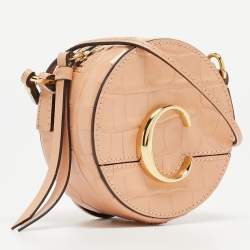 Pre Owned Chloe Peach Crocodile Embossed Leather Mini C Round Crossbody Bag