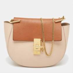 Chloe Peach/Brown Pebbled Leather Medium Drew Shoulder Bag