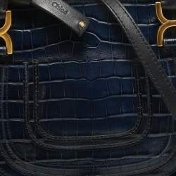 Pre Owned Chloe Navy Blue Croc Embossed Leather Marcie Hobo