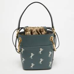 Pre Owned Chloe Blue/Beige Leather Mini Roy Horse Embroidered Bucket Bag