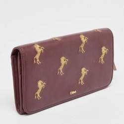 Chloe Burgundy Leather Horse Embroidered Flap Continental Wallet