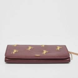 Chloe Burgundy Leather Horse Embroidered Flap Continental Wallet