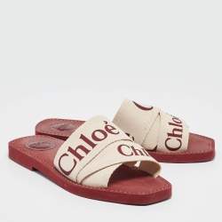 Chloe White Canvas Woody Flat Slide Size 38