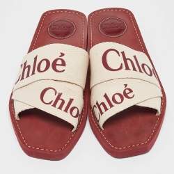 Chloe White Canvas Woody Flat Slide Size 38