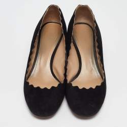 Pre Owned Chloe Black Suede Lauren Scallop Trim Block Heel Pumps Size 37