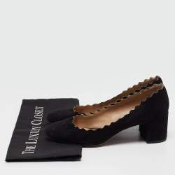 Pre Owned Chloe Black Suede Lauren Scallop Trim Block Heel Pumps Size 37